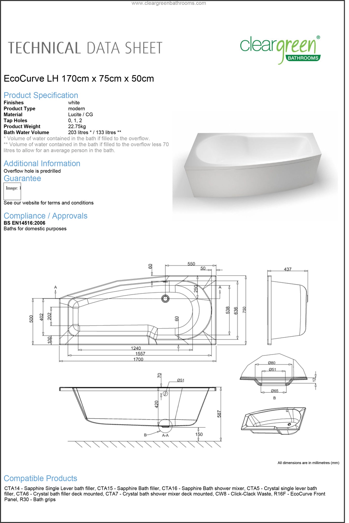 EcoCurve LH Bath 170cm x 75cm x 50cm
