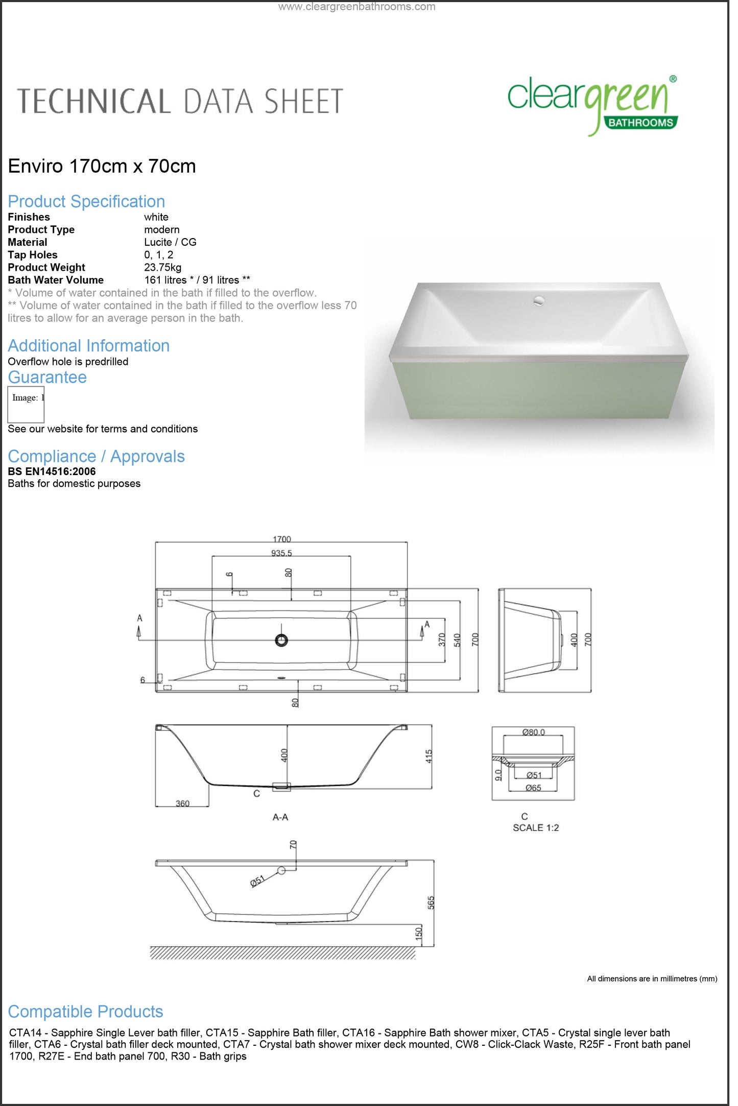 ClearGreen Enviro 1700 x 700mm Acrylic Double Ended Bath