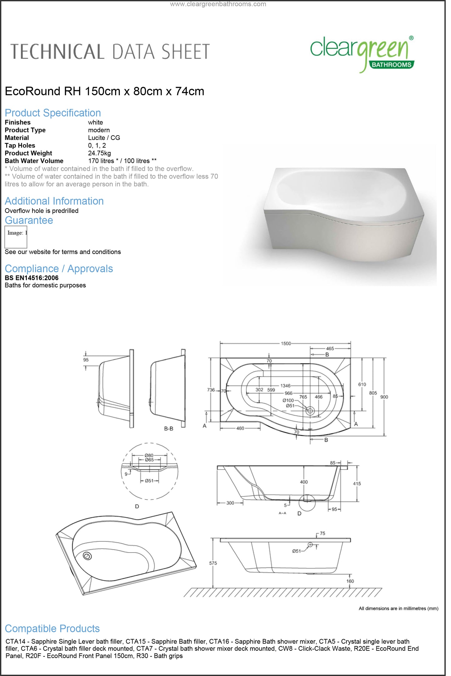 ClearGreen EcoRound 1500 x 800mm Right Handed Acrylic Shower
