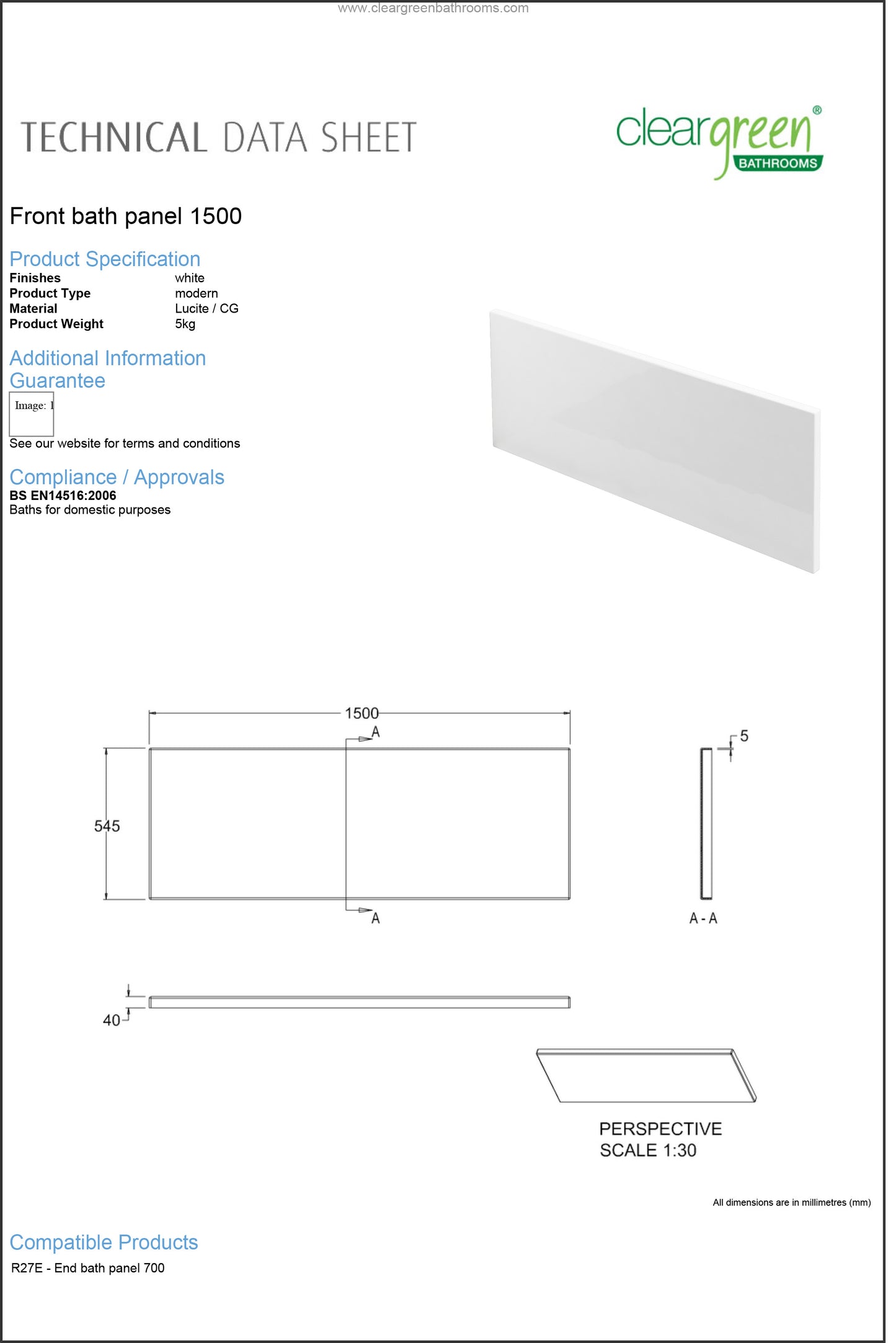 ClearGreen Front bath panel 1500mm for Bathroom - White