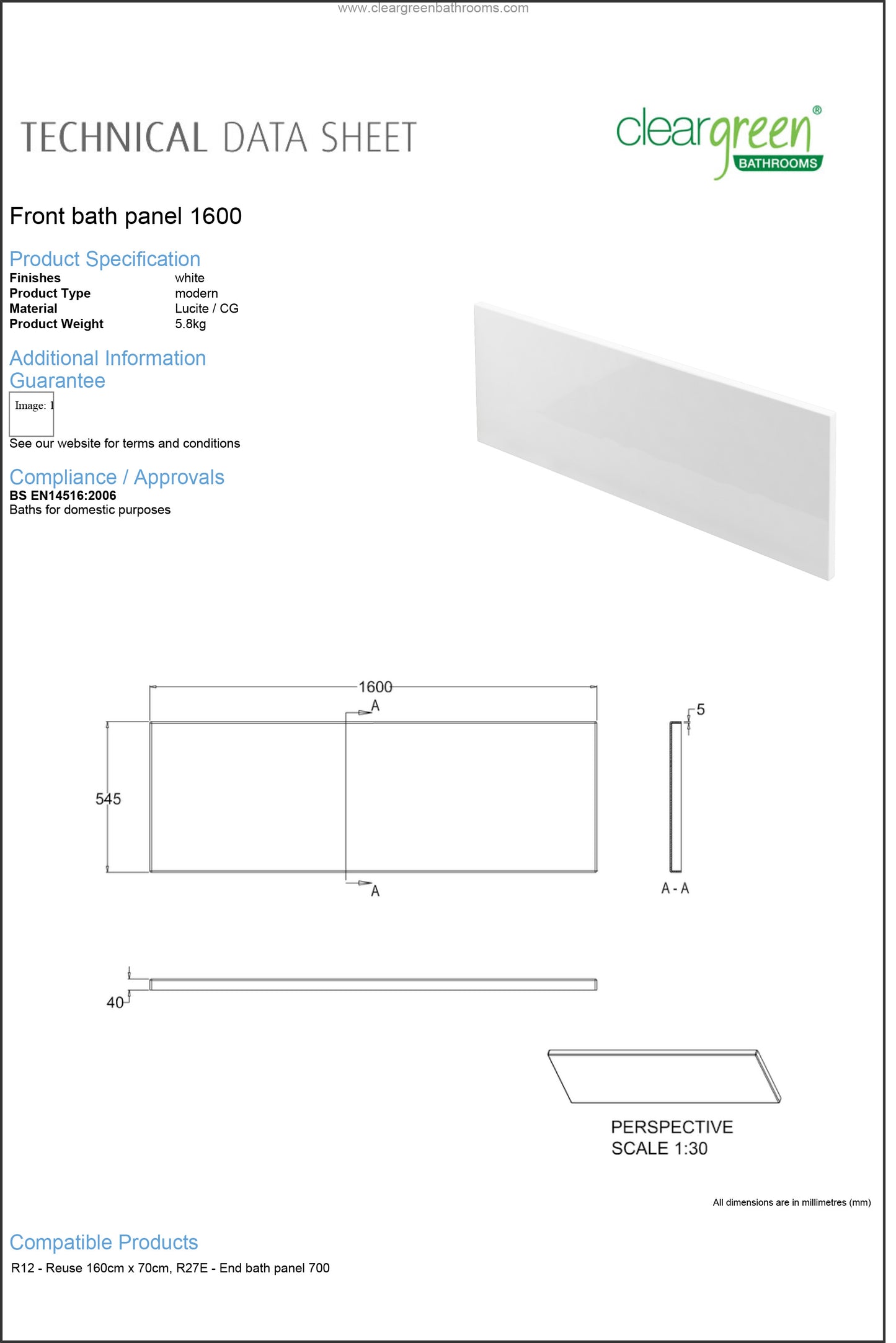ClearGreen Lucite Front bath panel 1600mm for Bathroom
