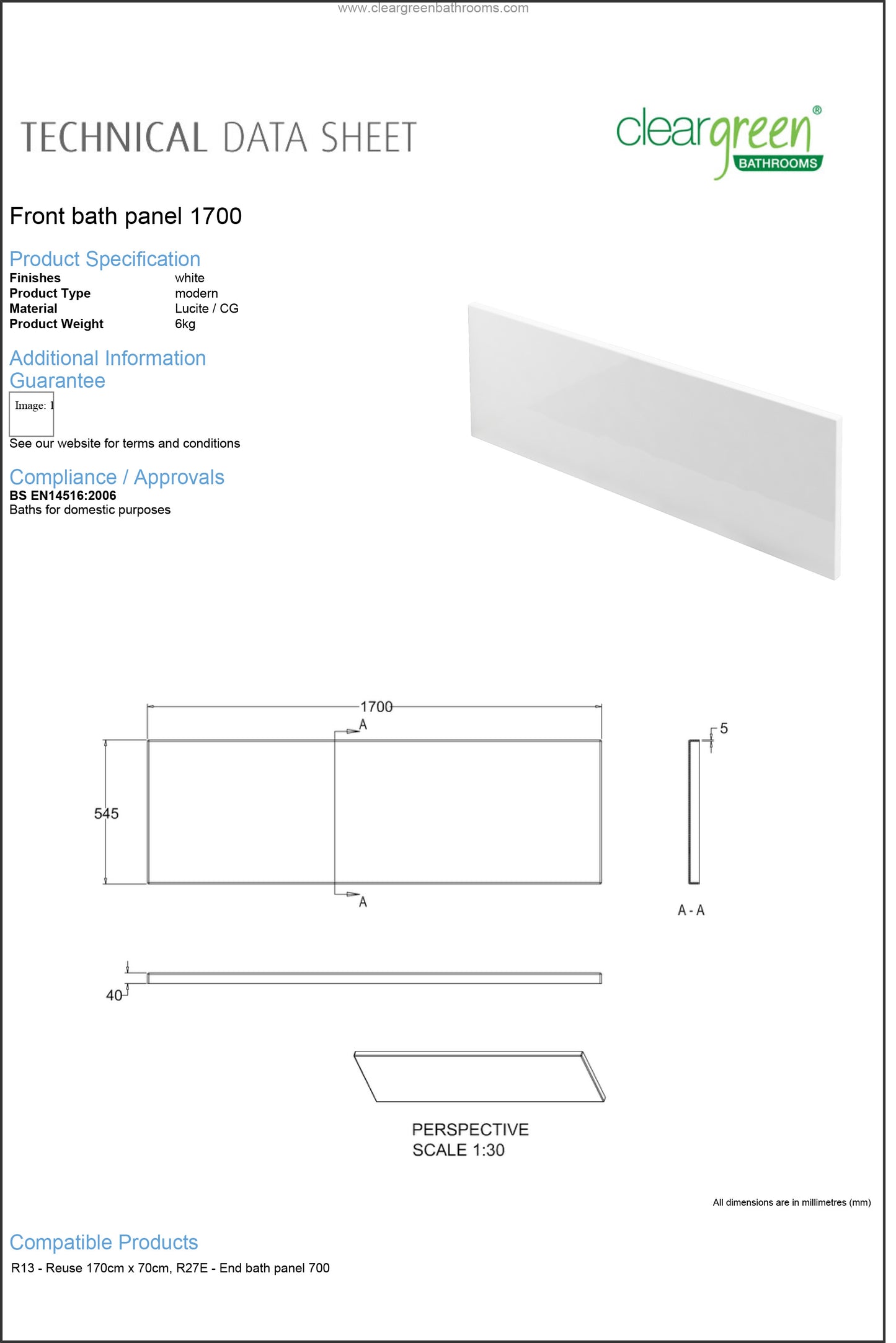 ClearGreen Lucite Front bath panel 1700mm for Bathroom