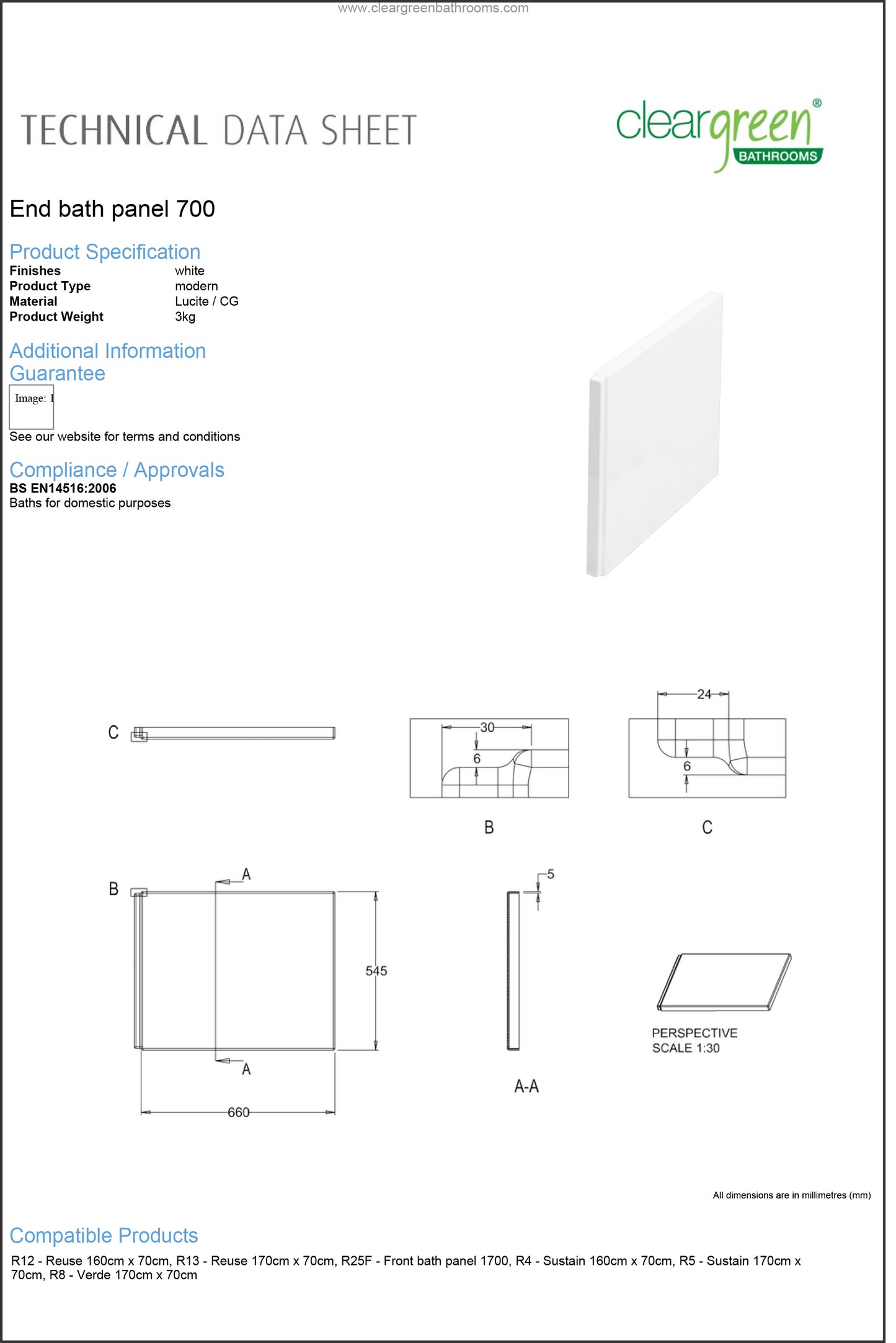ClearGreen End Bath Panel 700mm - Sleek Design for Your Bath