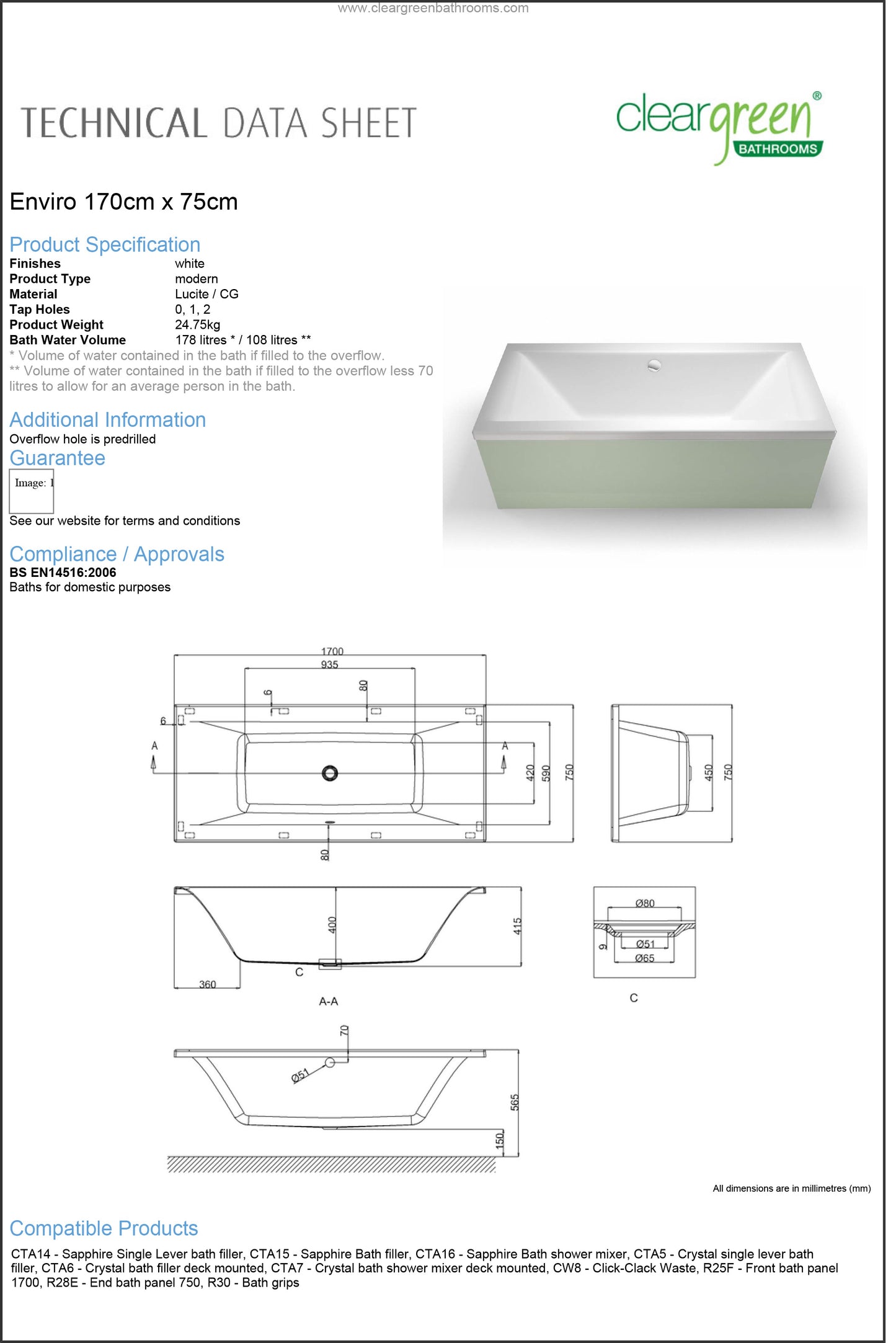 ClearGreen Enviro 1700 x 750mm Acrylic Double Ended Bath