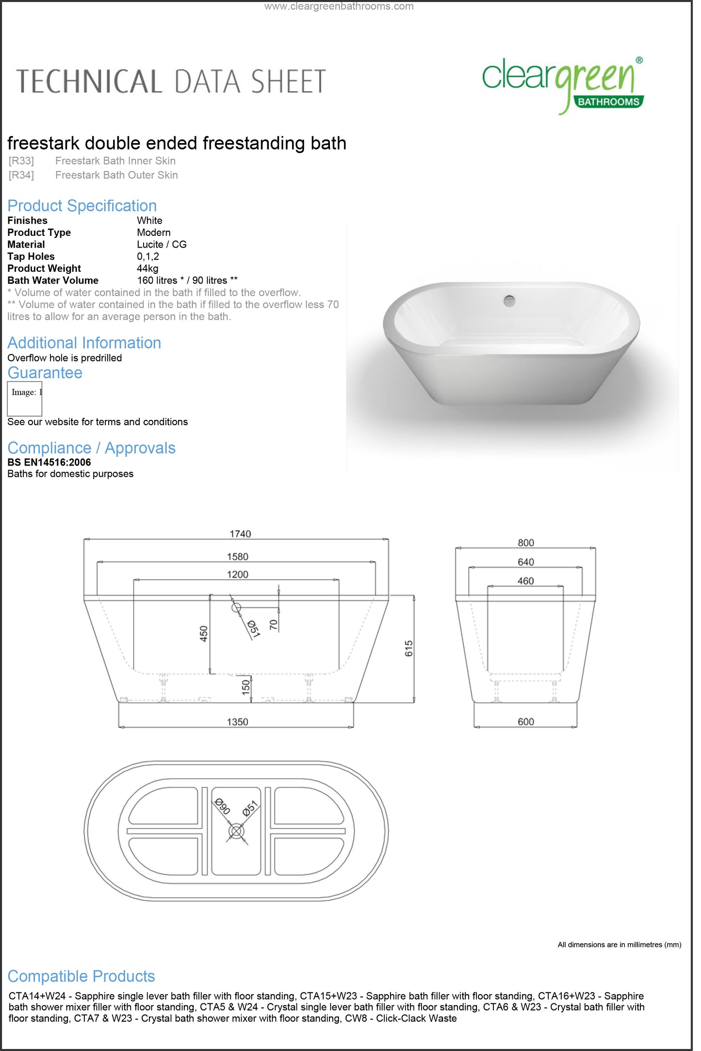 ClearGreen Freestark 1740 x 800mm Freestanding Bath
