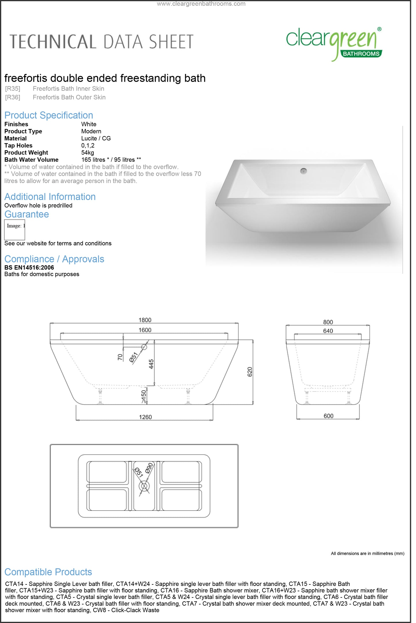 ClearGreen Freefortis 1800 x 800mm Free Standing Bath