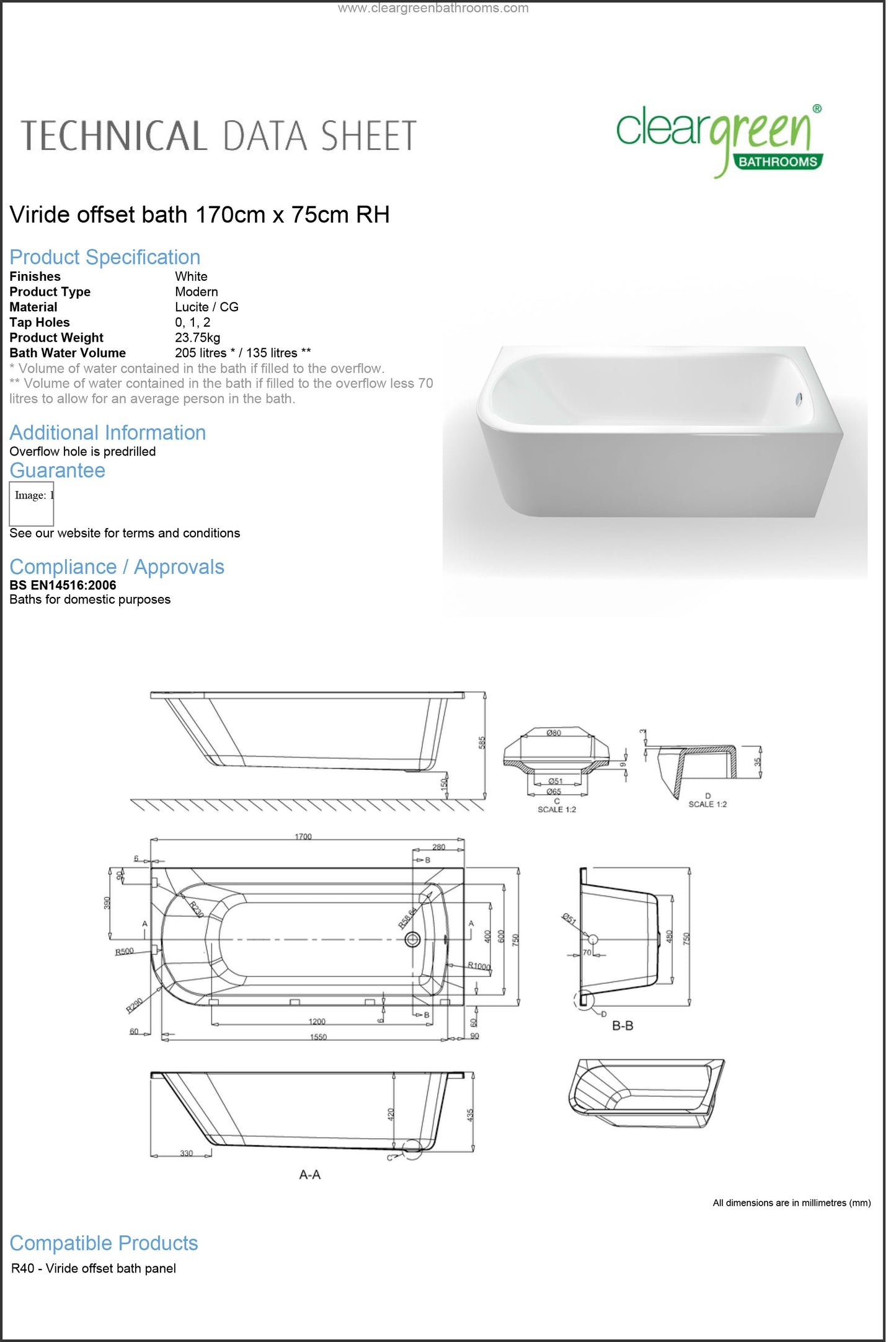 ClearGreen Virde Offset Bath 1700 x 750mm Right hand - White
