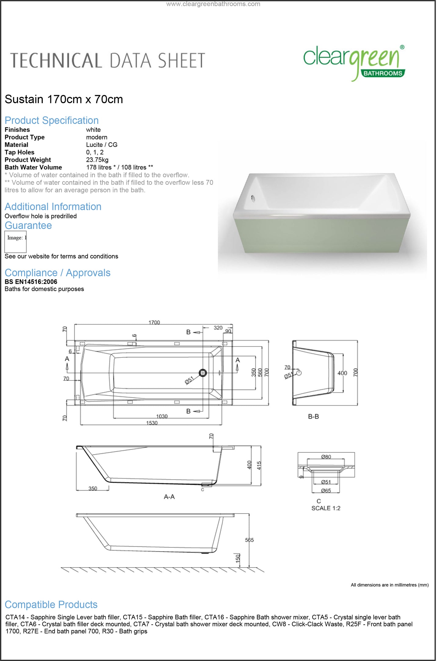 ClearGreen Sustain 1700 x 700mm Acrylic Single Ended Bath