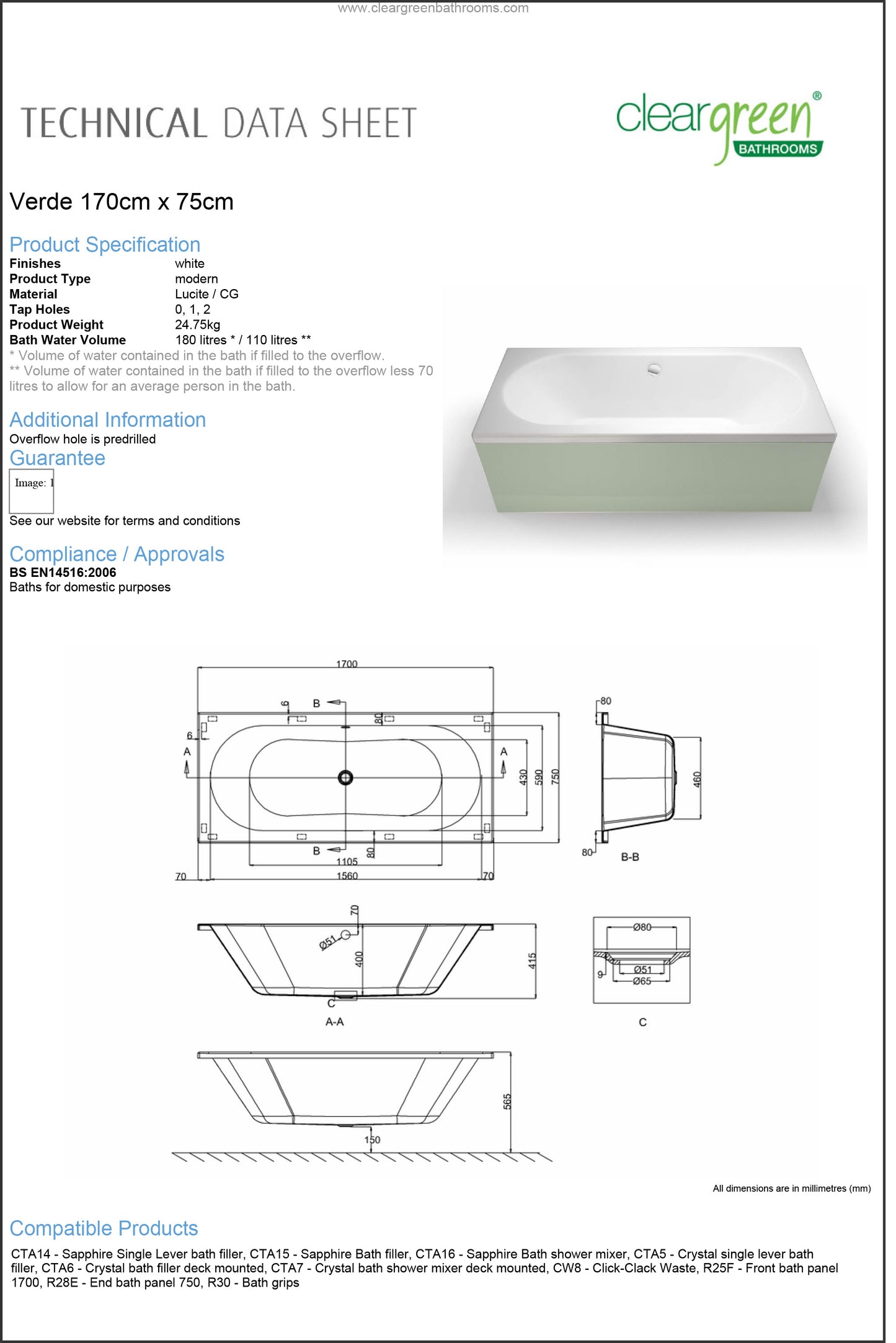 ClearGreen Verde 1700 x 750mm Acrylic Double Ended Bath