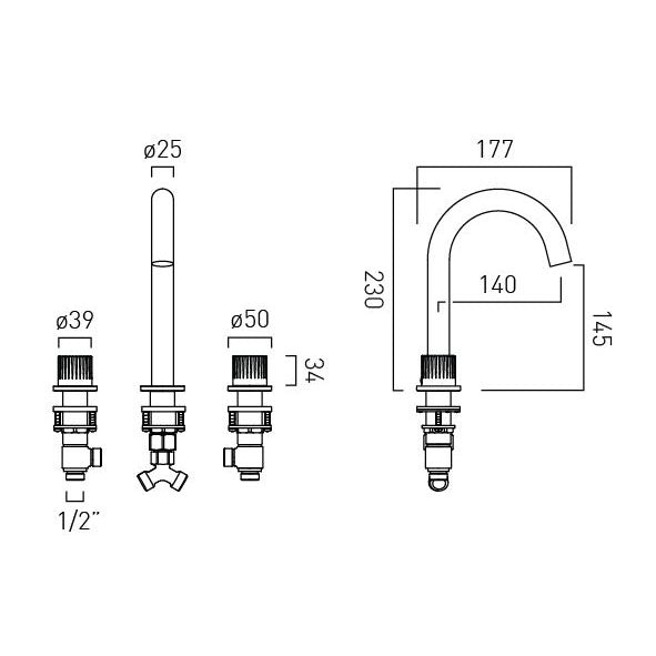 Vado Safari Leverless Three Hole Deck Mounted Basin Mixer for Low Pressure System