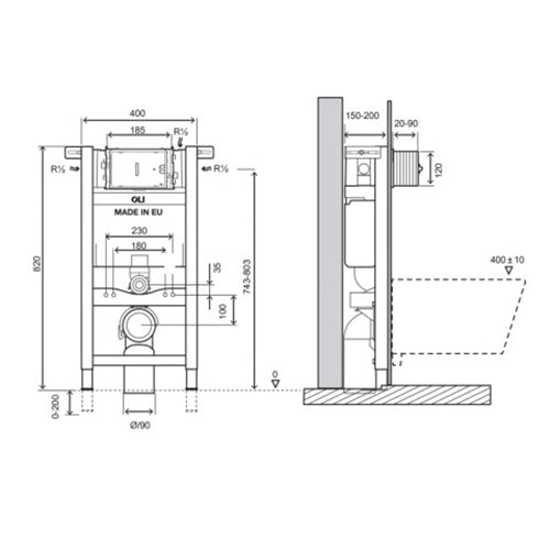 Just Taps Plus 820cm Pre-wall, Freestanding W.C. Frame including Brackets and W.C. Bend with 3/6 Litre Dual Flush Plate