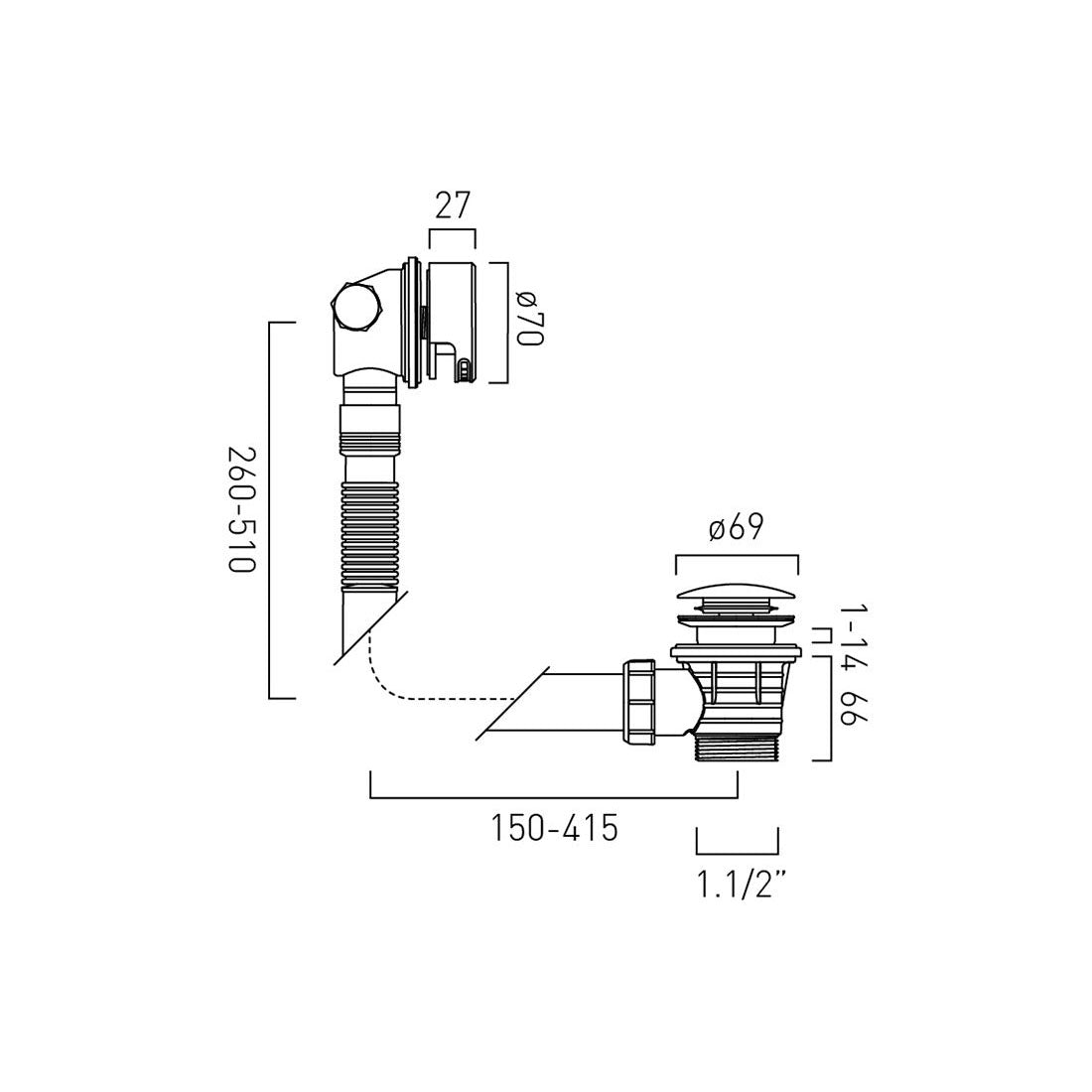 Vado Round Clic-Clac Bath Filler Waste and Overflow