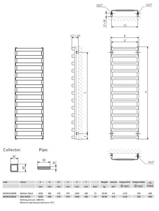Crosswater Air 500 x 1630mm Towel Warmer Matt Black