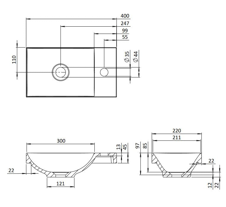 Alo 400 x 220mm Countertop Rectangular Stone Resin Basin