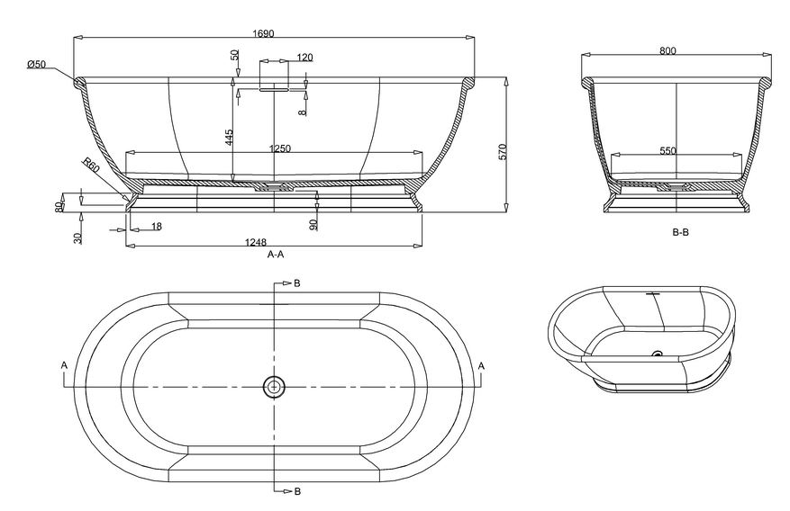 Arcade Bathrooms Albany Natural Stone Bath 1690x800mm