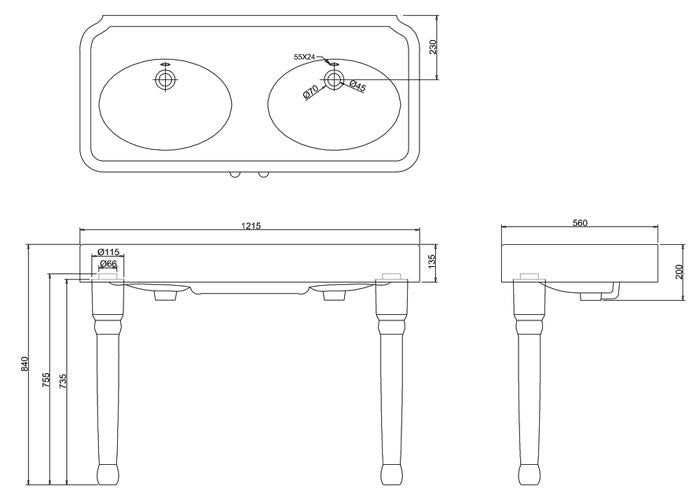 Arcade Bathrooms 1215 x 560mm Double Basin With Overflow