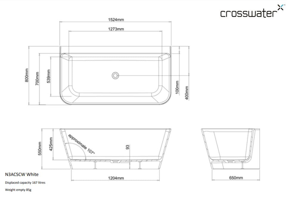 Crosswater ARTIST Petite Back to Wall Bath Freestanding Back To Wall Bath Gloss White