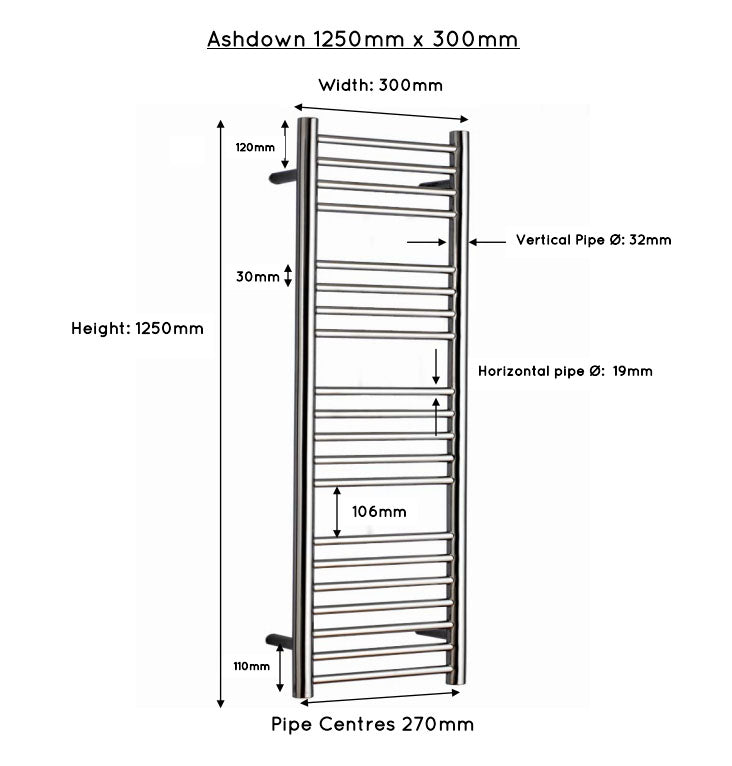 JIS Ashdown 1250 x 300mm Stainless Steel Heated Towel Rail