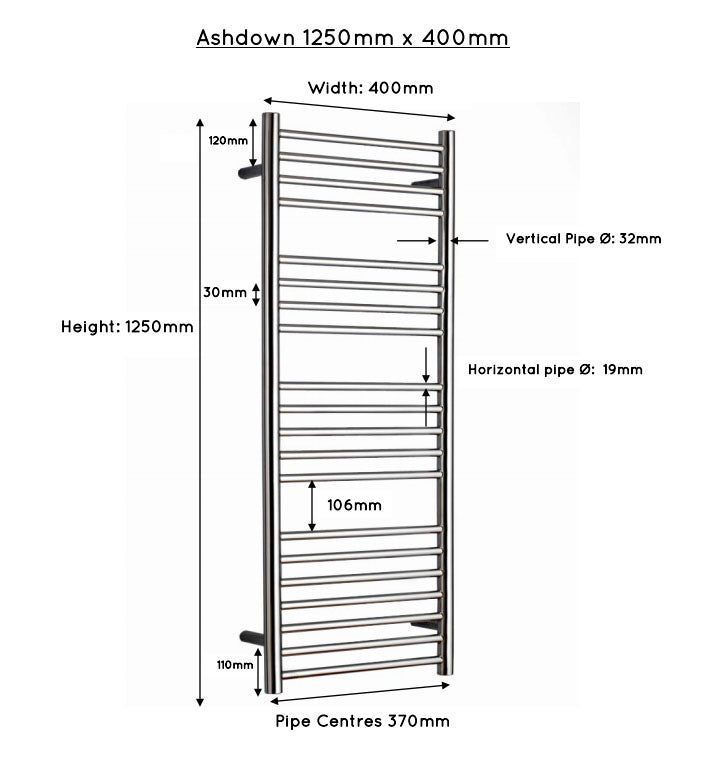 JIS Ashdown 1250 x 400mm Stainless Steel Heated Towel Rail
