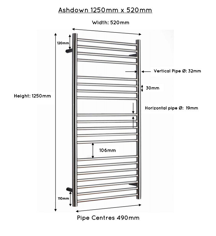 JIS Ashdown 1250 x 520mm Stainless Steel Heated Towel Rail
