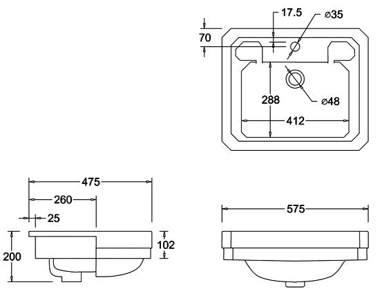 Burlington 575 x 475 3TH Semi-Recessed Basin