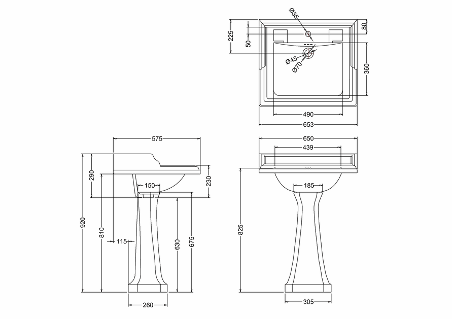 Burlington Classic Basin With Full Pedestal 650mm 2 Tap Hole