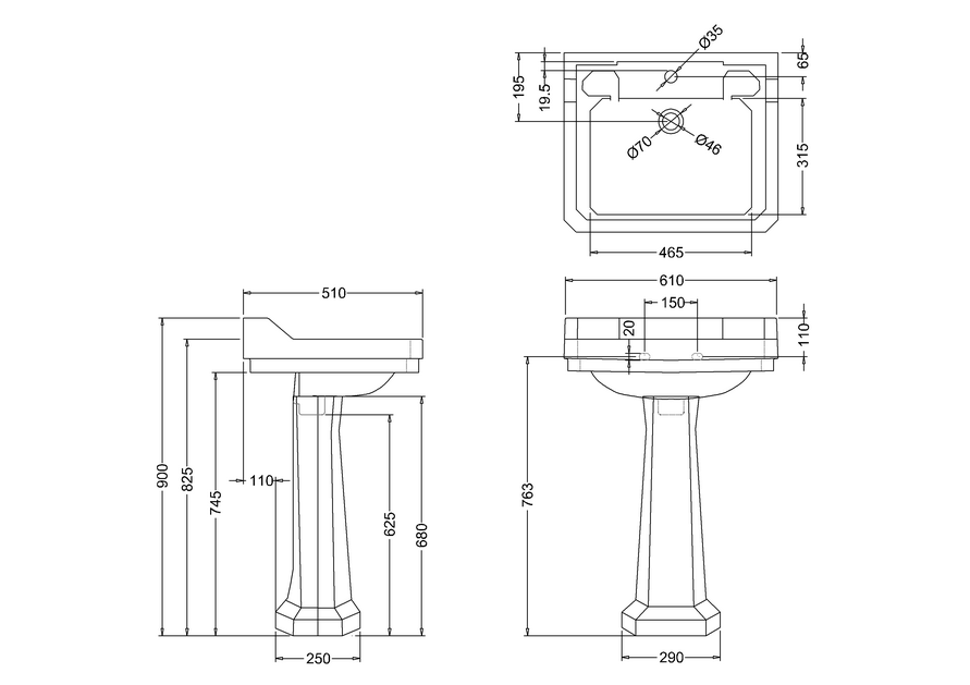 Burlington Edwardian Basin w/ Full Pedestal 610mm 3 Tap Hole