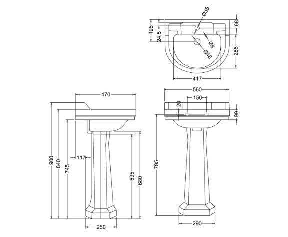 Burlington 1H 560 x 470 Edwardian Round Front Basin