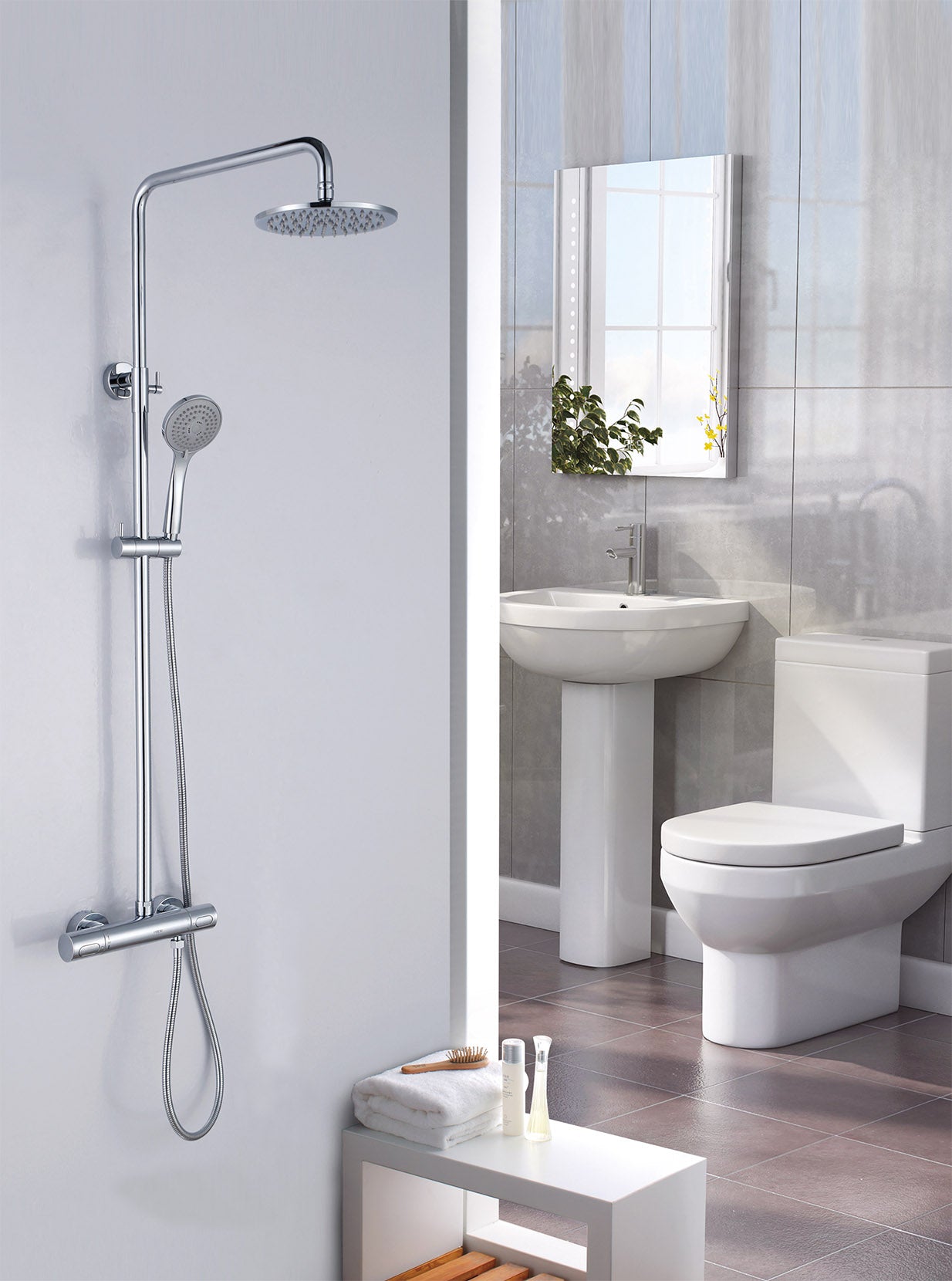 BDC Exposed Shower Valve - Fixed Head, Hose, Handset, Chrome