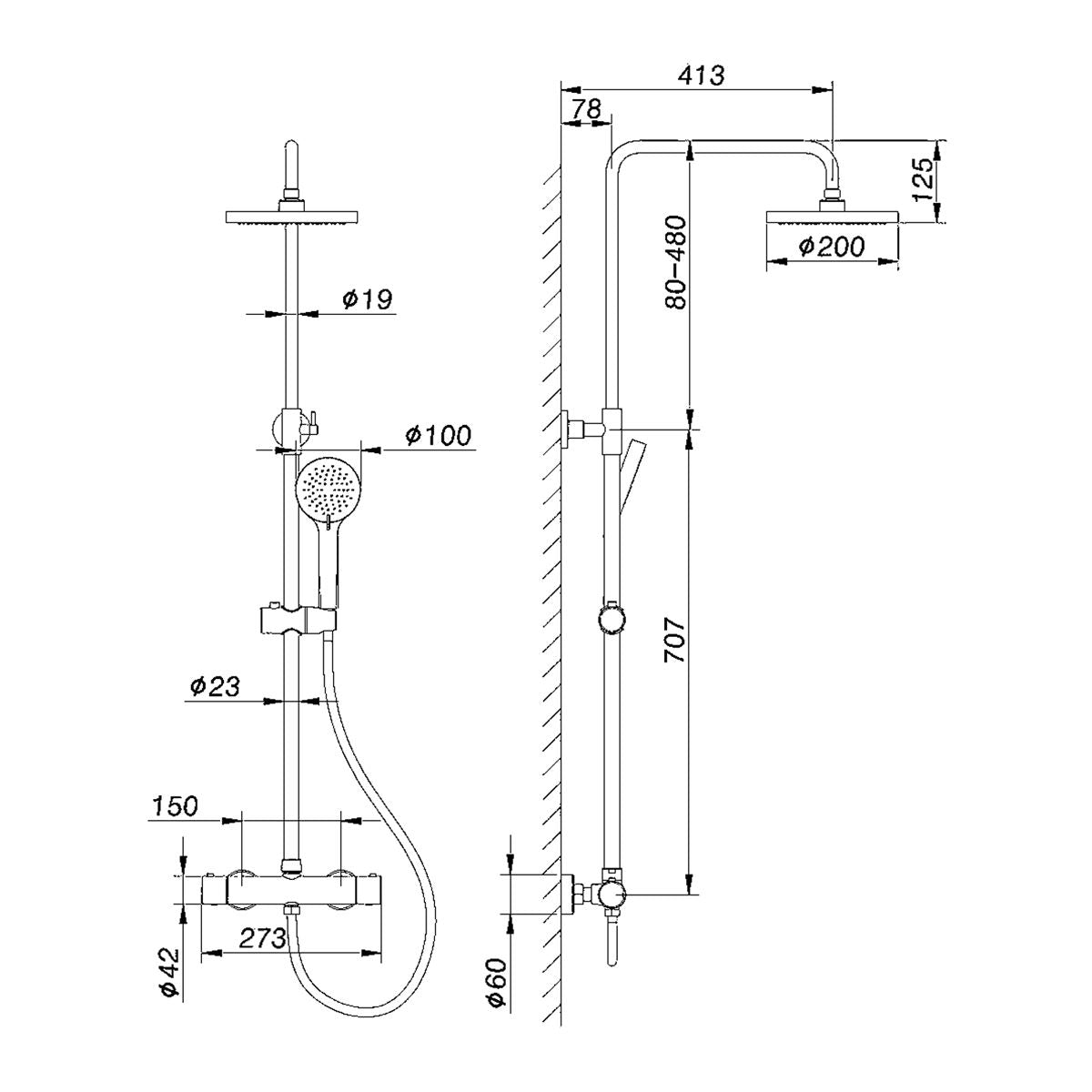 BDC Exposed Shower Valve - Fixed Head, Hose, Handset, Chrome