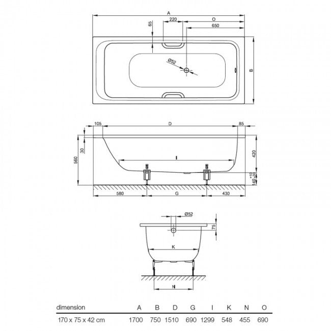 Bette Select 1700 X 750mm Single Ended Bath No Tap Hole