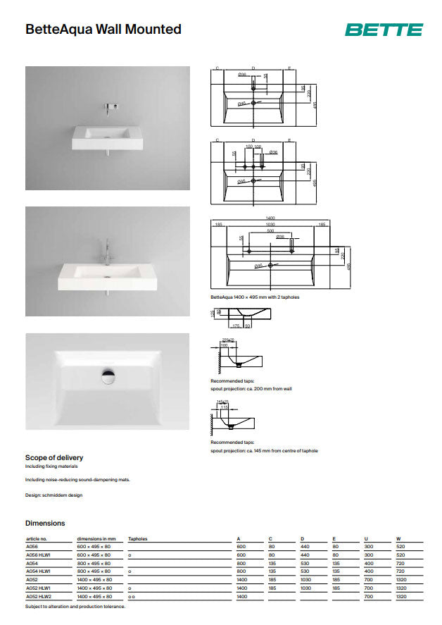 Bette Aqua Wall Mounted Basin 600 x 495mm No Tap Hole