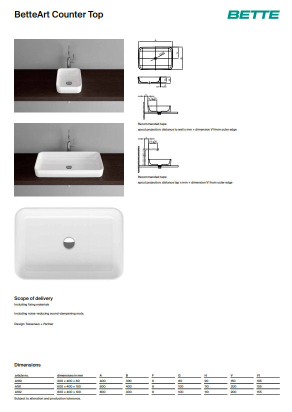 Bette Art Counter Top Basin 600 X 400 No Tap Hole Basin