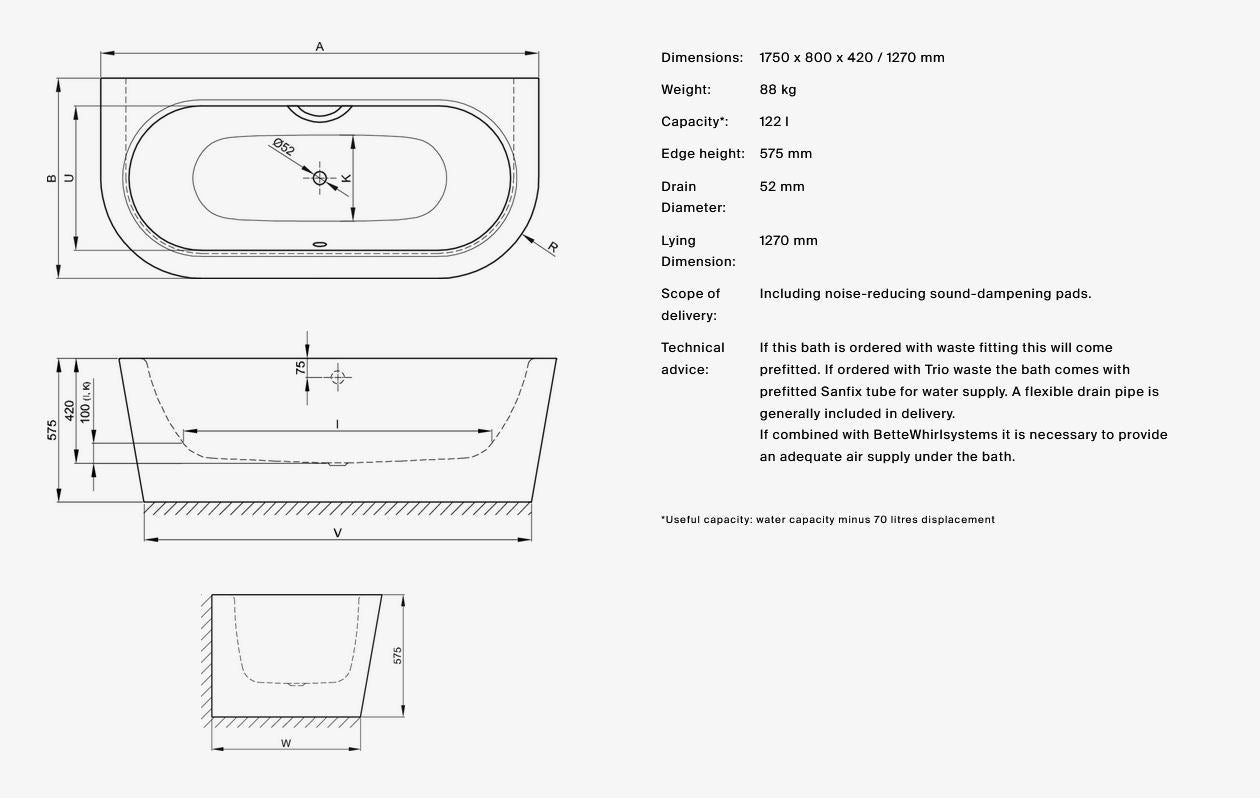 Bette Starlet I 1750x800mm Freestanding Bath, No Tap Hole