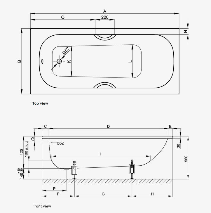 Bette Form No Tap Hole 1750 x 750mm Bath With Grips