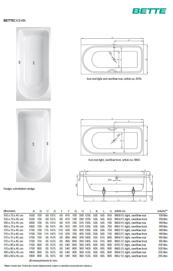 Bette Ocean 1700X750mm L/Hand Overflow Bath No Tap Hole