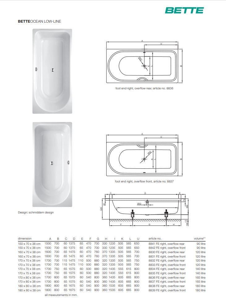 Bette Ocean Lowline 1600x700 R/Hand Steel Bath- No Tap Holes