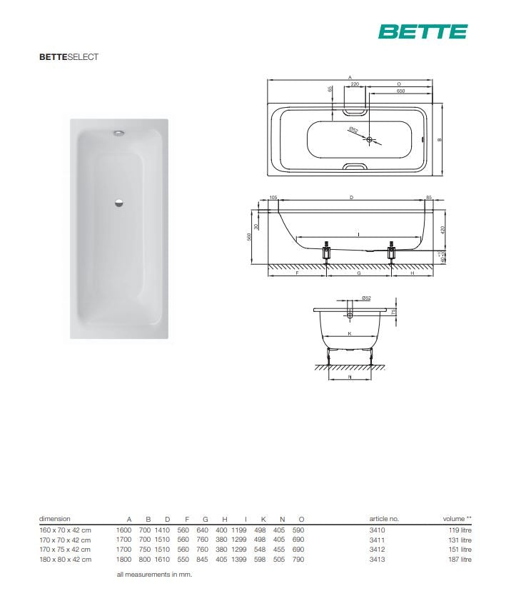 Bette Select 1700 X 700mm Single Ended White Steel Bath