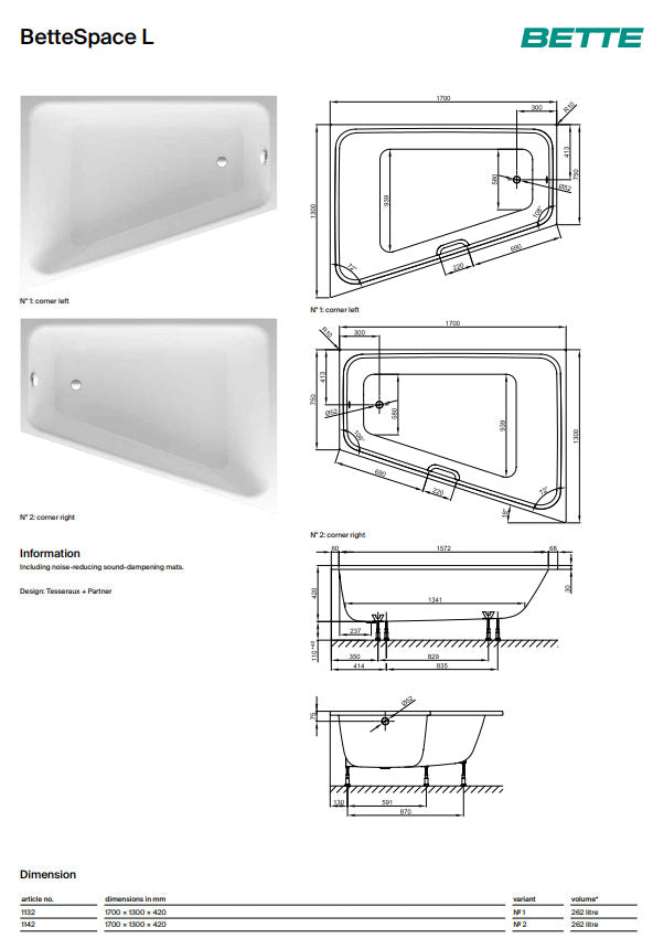Bette Space L 1700x1300mm SE Steel, No Tap Hole, L/H Corner