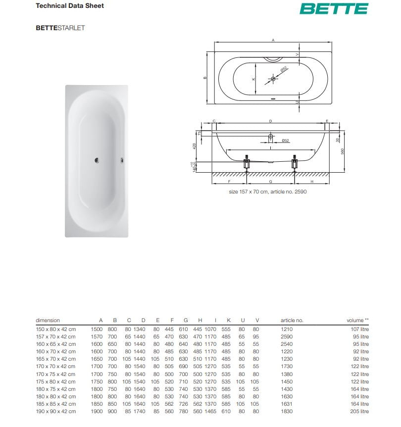 Bette Starlet 1850 X 850mm Double Ended White Steel Bath