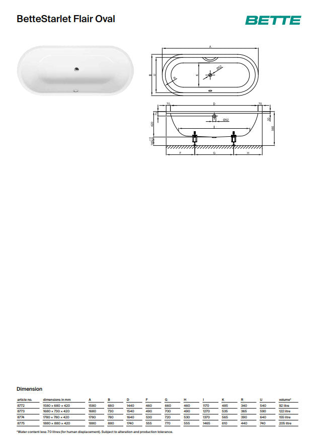 Bette Starlet Flair Oval 1580 X 680mm Double Ended Steel Bath No Tap Hole