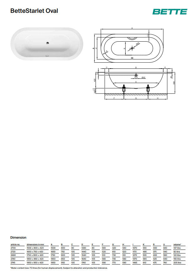 Bette Starlet Oval 1850 X 850mm Double Ended Steel Bath No Tap Hole