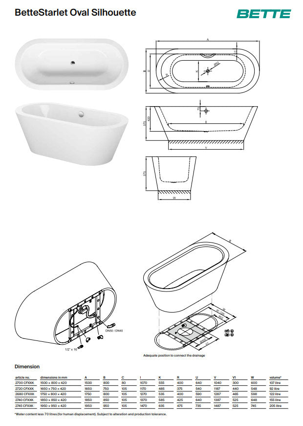 Bette Starlet Oval Silhouette 1650 X 750mm Freestanding Steel Bath No Tap Holes