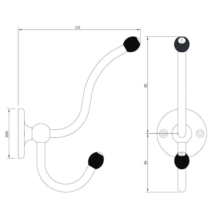 Lefroy Brooks Classic Double Robe Hook With Black Acorns - S/Nickel