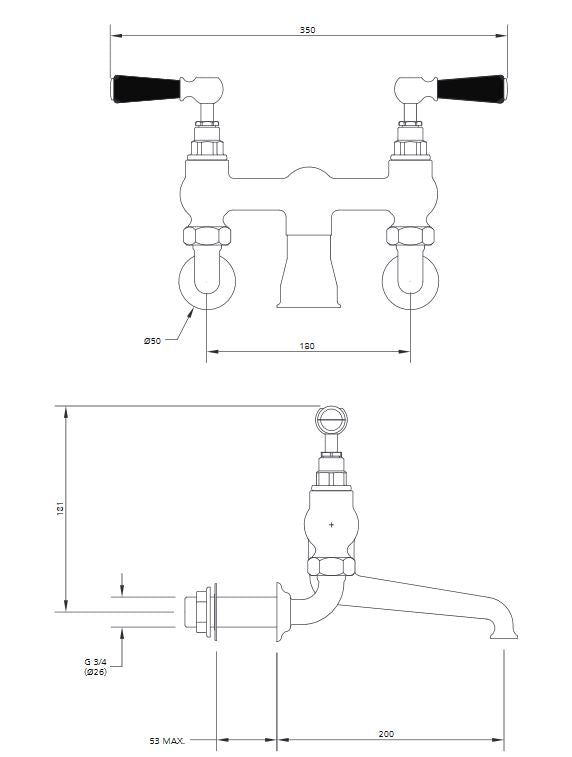 Lefroy Brooks Classic Black Lever Wall Bath Filler - (choose finish)