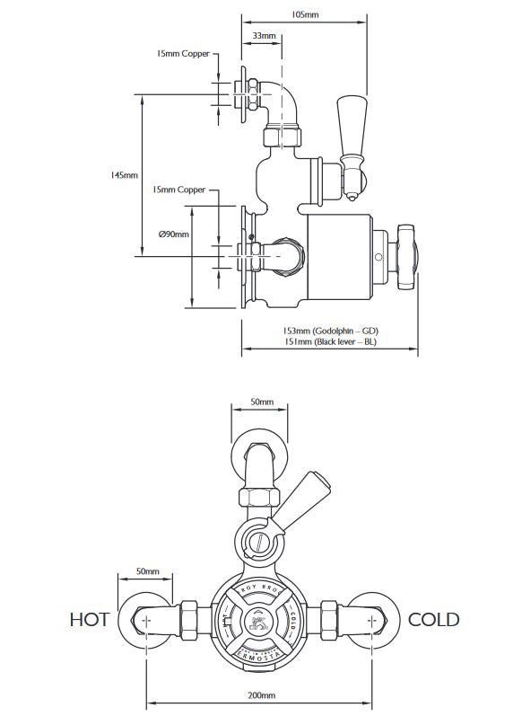 Lefroy Brooks Black Lever Exposed Thermostatic Shower Valve - BL8725AG Antique Gold