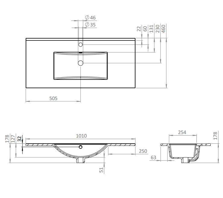 Crosswater Glide 1010 x 470 mm Washbasin w/ 3 Tap Hole
