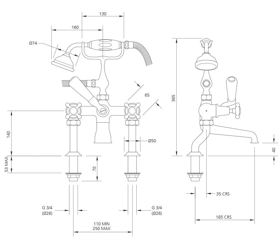 Lefroy Brooks Connaught Bath Shower Mixer w/ Hose & Handset