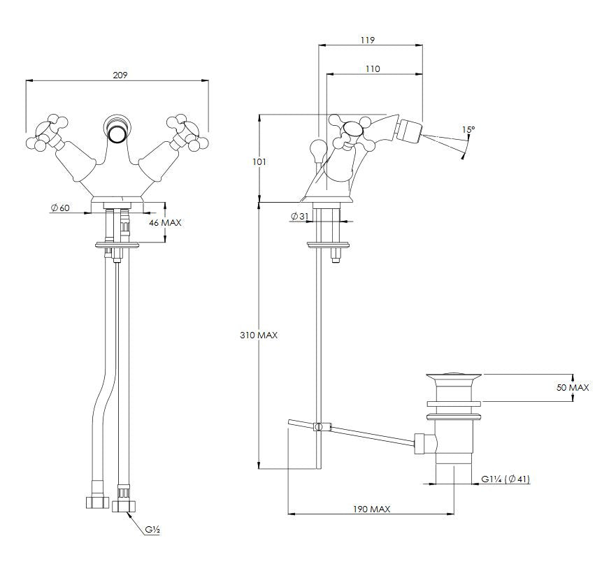 Lefroy Brooks Connaught Monobloc Bidet Mixer With Pop Up Waste (choose finish)