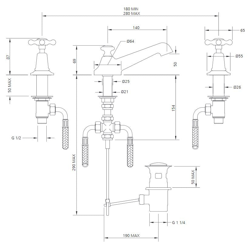 Lefroy Brooks Connaught Classic 3 hole Basin Mixer Set With Pop Up Waste (choose finish)